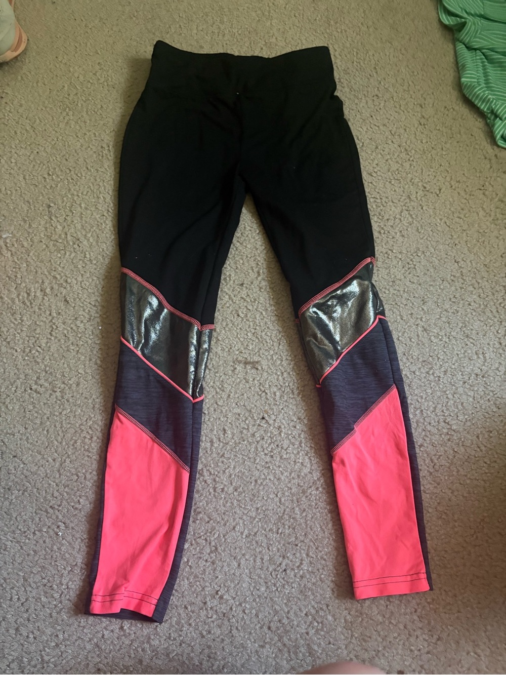 Justice Girls Black Leggings with Pink and Metallic Silver Panels